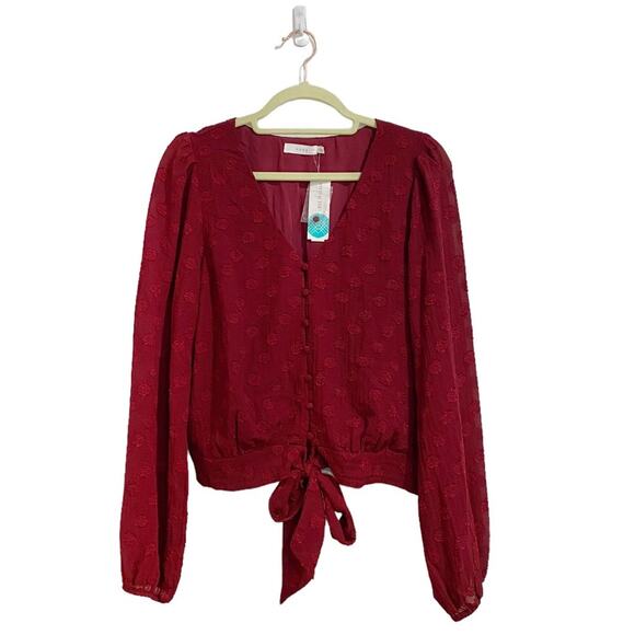 Lush Burgundy Posey Tie Front Crop Blouse Sz M NWT - Picture 2 of 14